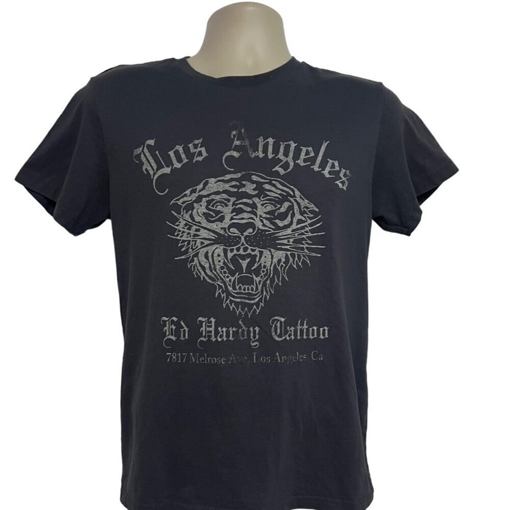 Ed Hardy Tattoo LA Mens Gray Graphic T-Shirt Small Stretch Tiger Animal Print
